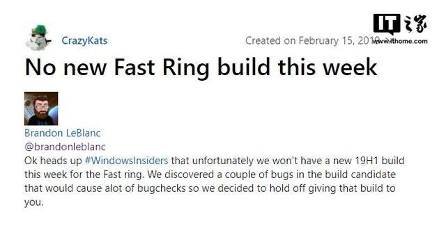 因为bug，这周没有新的Win1019H1预览版